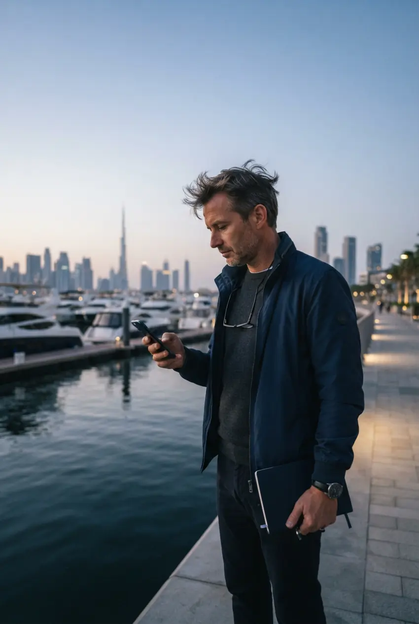 Entrepreneur sur le port de plaisance de Dubaï