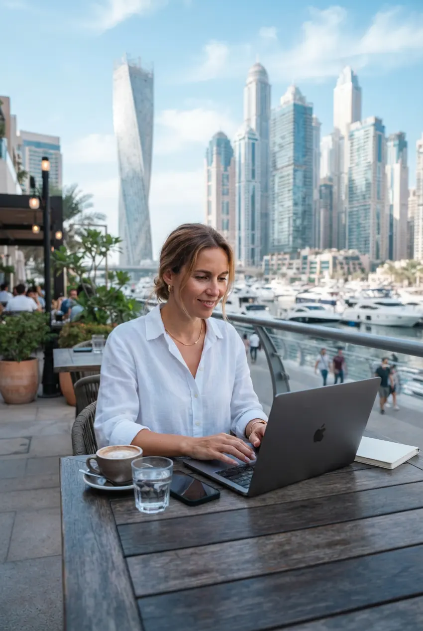 Freelance en télétravail sur la marina de Dubaï