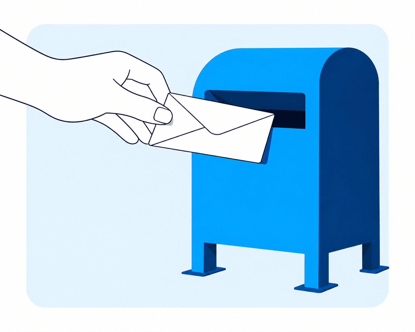 Une main glisse une enveloppe dans une boîte aux lettres bleue.