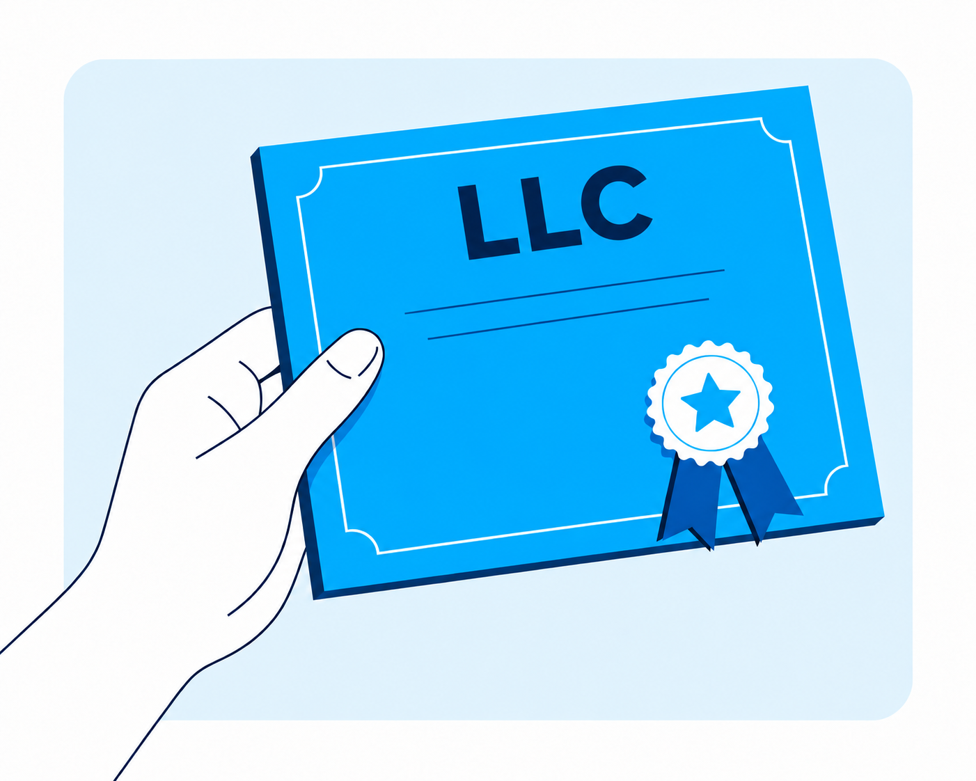 Une main présente un certificat bleu portant l’inscription LLC.