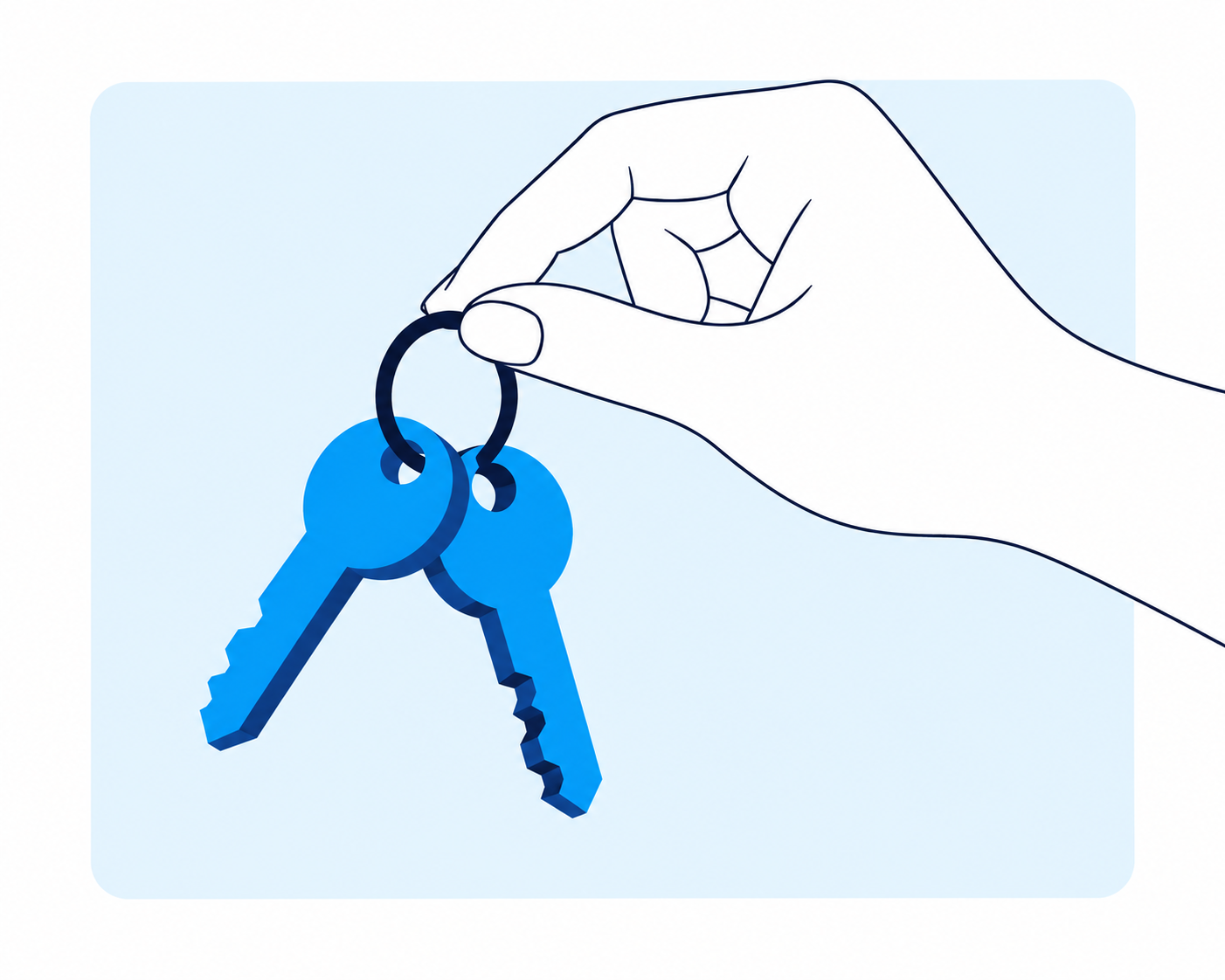 A hand holding out a keyring with two blue keys.